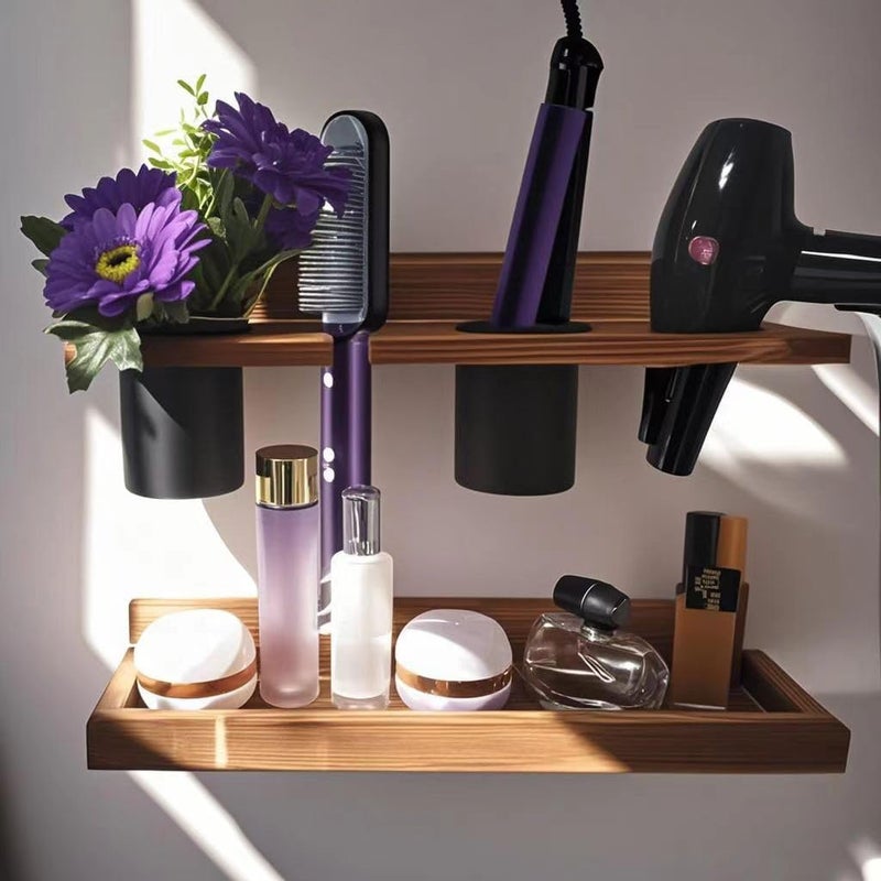 Ayxeute Wall-Mounted Hair Tool Organizer with Heat Resistance - Set of 2 Layer Rustic Blow Dryer Holder (Dark Brown) - Image 4